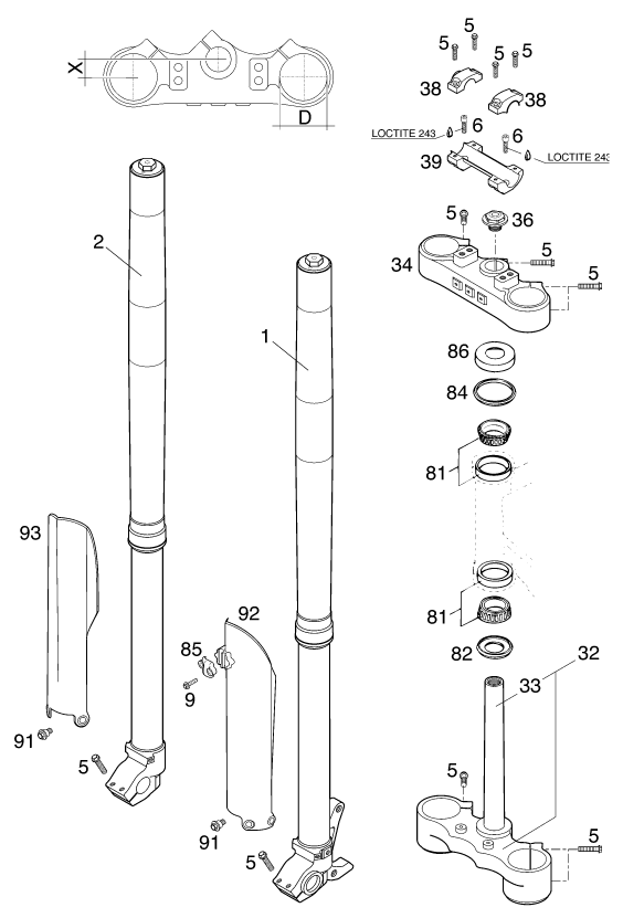 vue éclatée fourche téléscopique, té de fourche - ktm 125 supermoto 100 eu 2000