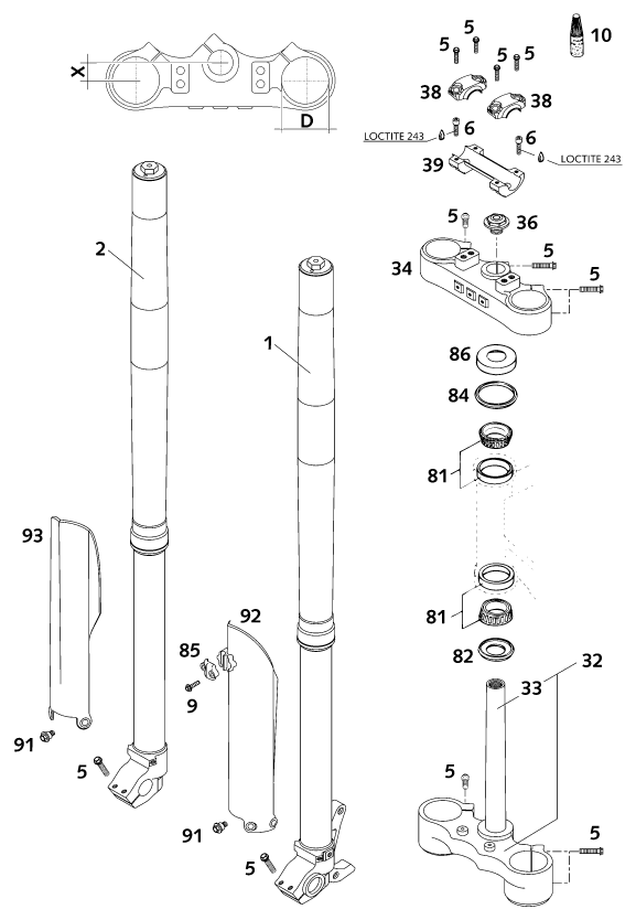 vue éclatée fourche téléscopique, té de fourche - ktm 125 exe 100 eu 2001