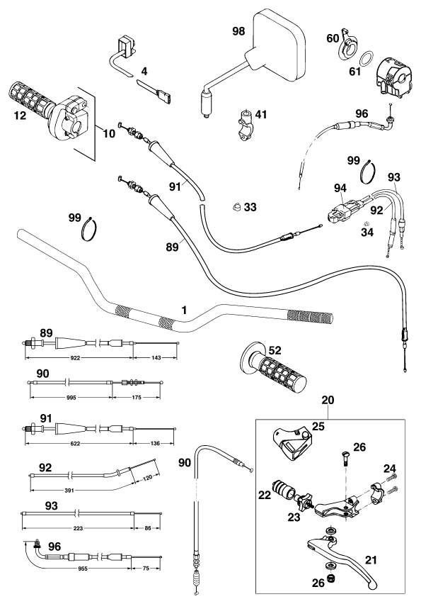 vue éclatée guidon, armatures - ktm 125 lc2 100/weiss '97 eu 1997