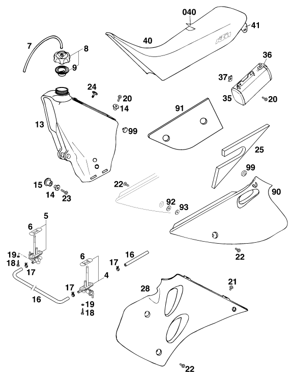 vue éclatée réservoir, selle - ktm 125 sting '98 eu 1998
