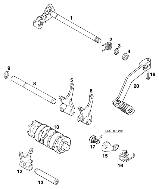 vue éclatée mécanisme de sélection - ktm 125 sting '98 eu 1998