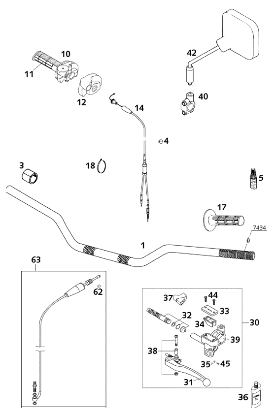 vue éclatée guidon, armatures - ktm 125 exe 80 eu 2000