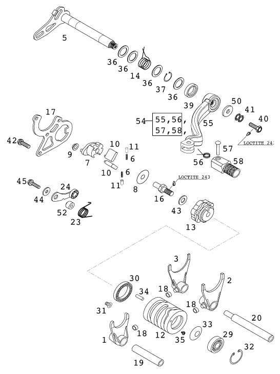 vue éclatée mécanisme de sélection - ktm 125 supermoto 80 2000 eu 2001