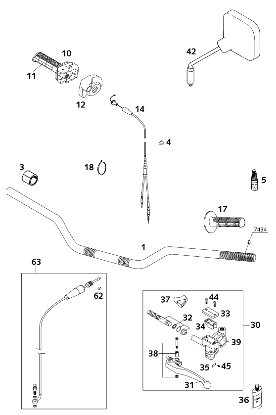 vue éclatée guidon, armatures - ktm 125 exe 80 eu 2001