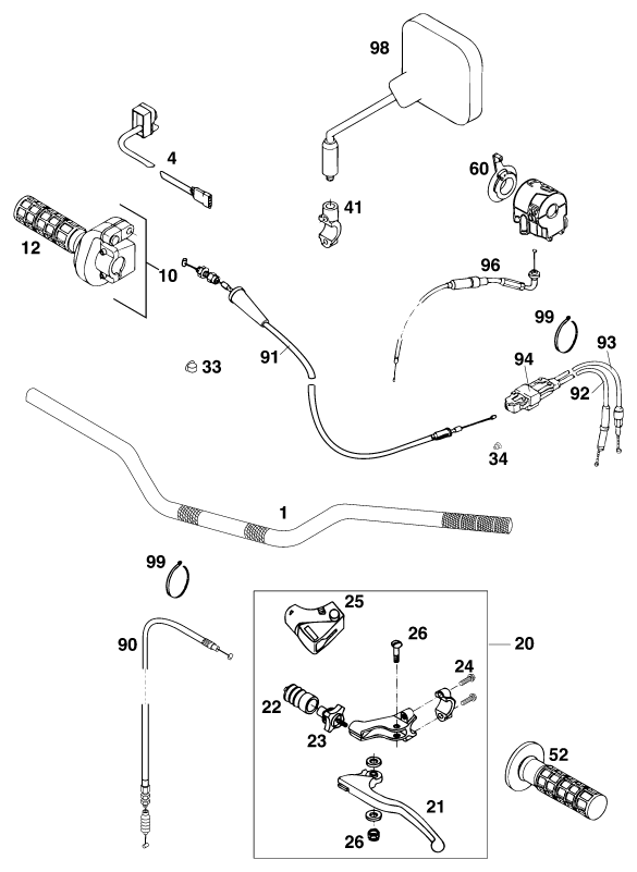 vue éclatée guidon, armatures - ktm 125 lc2 100/orange brd '96 eu 1996