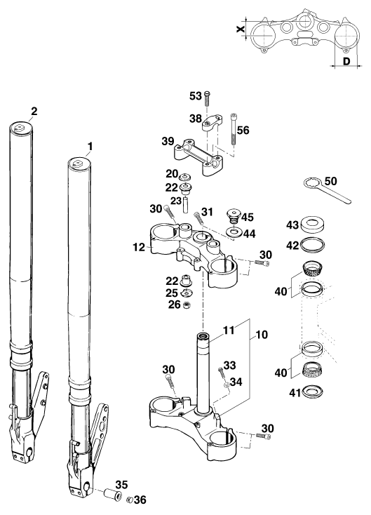 vue éclatée fourche téléscopique, té de fourche - ktm 125 sting/100 '97 eu 1997