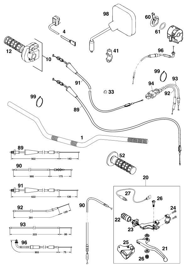 vue éclatée guidon, armatures - ktm 125 sting/100 '97 eu 1997