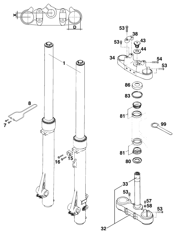 vue éclatée fourche téléscopique, té de fourche - ktm 125 lc2 100 schweiz '96 eu 1996