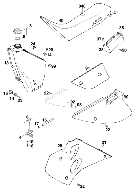 vue éclatée réservoir, selle - ktm 125 lc2 100 schweiz '96 eu 1996