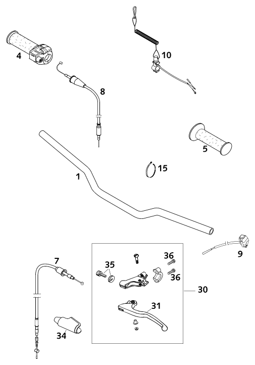 vue éclatée guidon, armatures - ktm 50 sx senior eu 2001