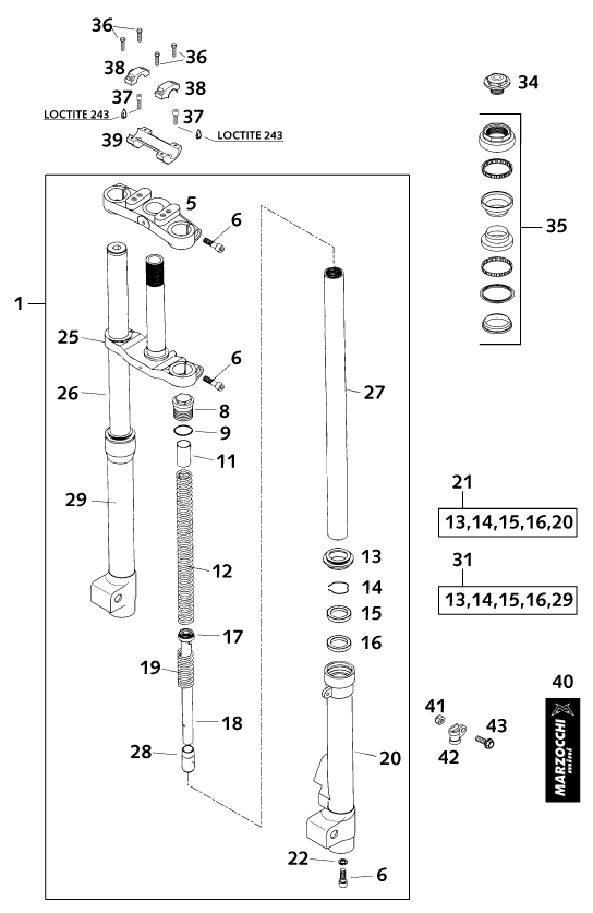 vue éclatée fourche téléscopique, té de fourche - ktm 50 sx pro senior lc eu 2001