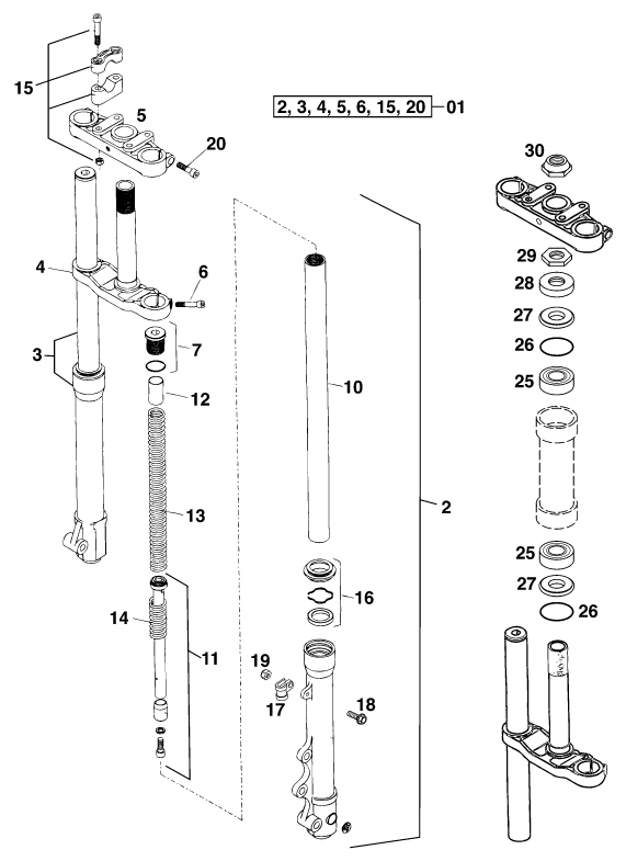 vue éclatée fourche téléscopique, té de fourche - ktm 65 sx eu 1998