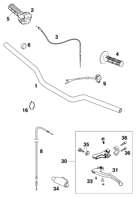 vue éclatée guidon, armatures - ktm 65 sx eu 1998