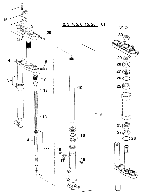 vue éclatée fourche téléscopique, té de fourche - ktm 60 sx eu 1999