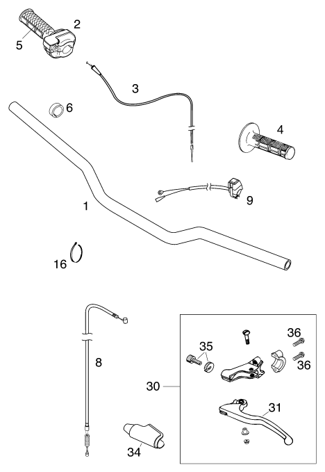 vue éclatée guidon, armatures - ktm 65 sx eu 1999