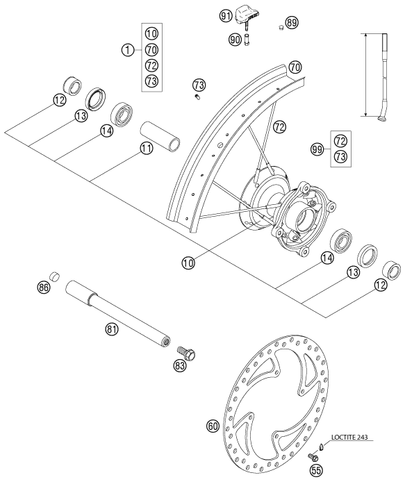 vue éclatée roue avant - ktm 85 sx eu 2004