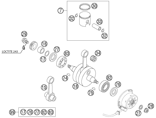 vue éclatée vilebrequin, piston - ktm 85 sx eu 2004