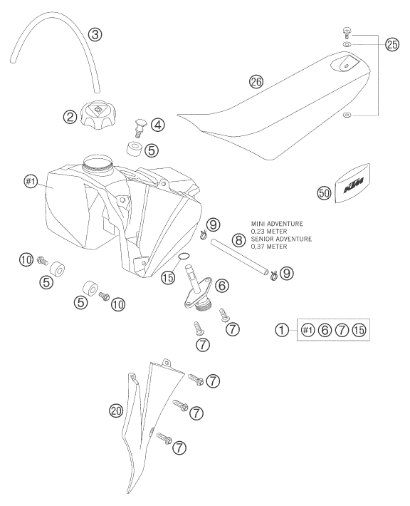 vue éclatée réservoir, selle - ktm 50 senior adventure eu 2005