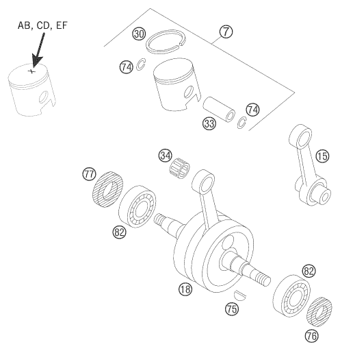 vue éclatée vilebrequin, piston - ktm 50 sx pro senior lc eu 2005
