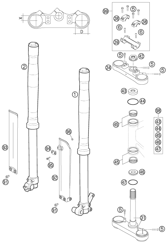 vue éclatée fourche téléscopique, té de fourche - ktm 65 sx eu 2005
