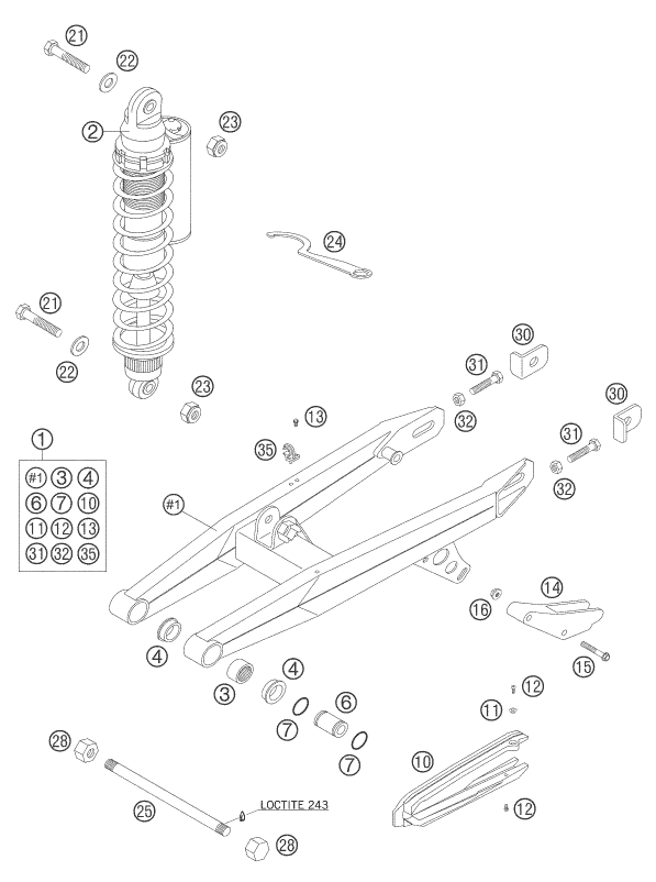vue éclatée bras oscillant - ktm 65 sx eu 2005