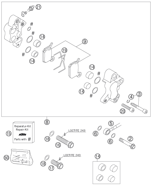 vue éclatée étrier de frein avant - ktm 50 sx junior eu 2006