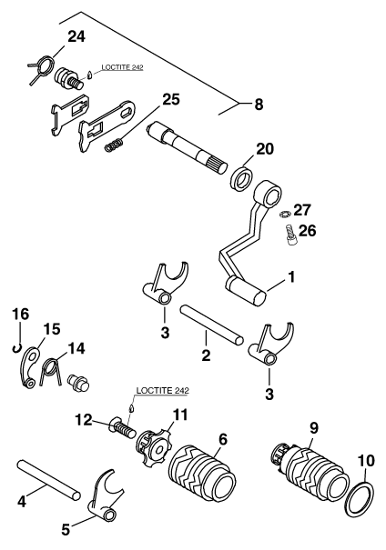 vue éclatée mécanisme de sélection - ktm 65 sx eu 2000