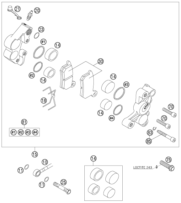 vue éclatée étrier de frein avant - ktm 85 sx 19/16 eu 2006