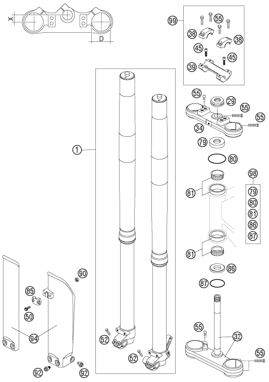 vue éclatée fourche téléscopique, té de fourche - ktm 85 sx 19/16 eu 2007
