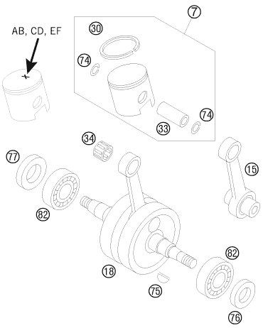 vue éclatée vilebrequin, piston - ktm 50 sx eu 2008