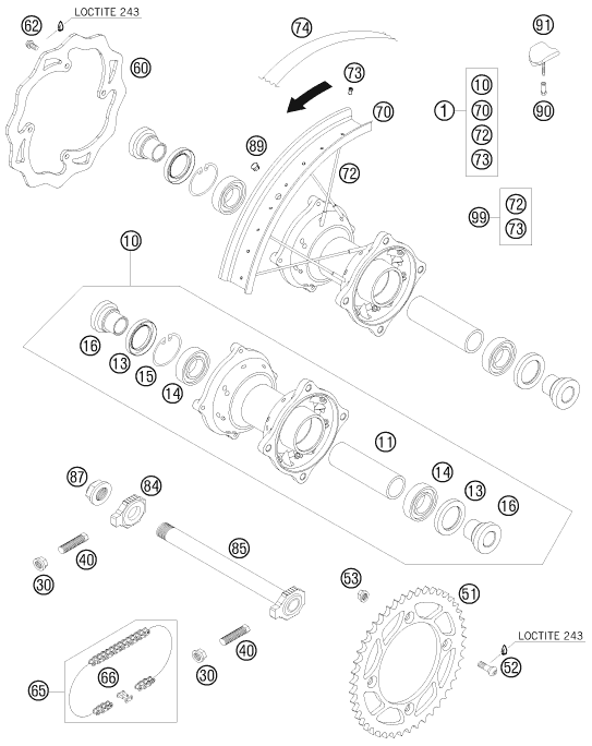 vue éclatée roue arrière - ktm 85 sx 17/14 eu 2009
