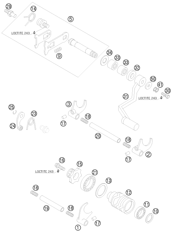 vue éclatée mécanisme de sélection - ktm 85 sx 19/16 eu 2009
