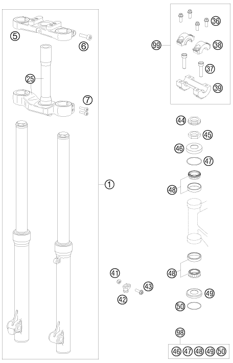 vue éclatée fourche téléscopique, té de fourche - ktm 50 sx mini eu 2010