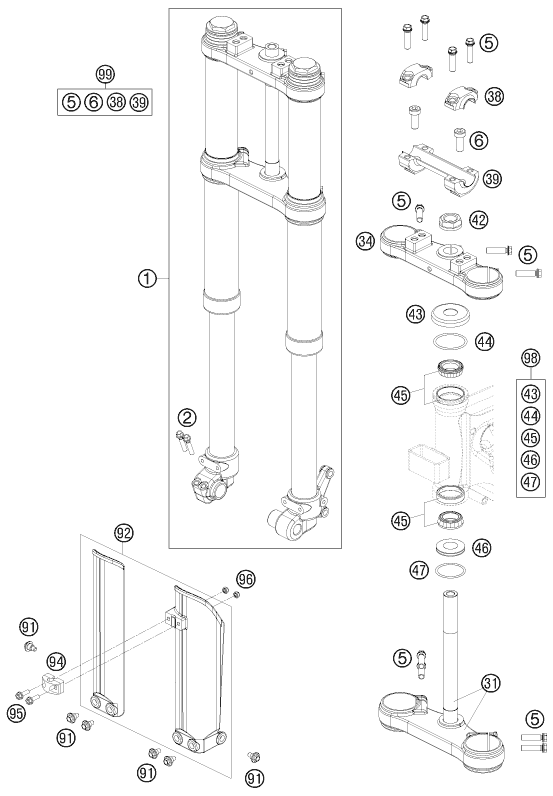 vue éclatée fourche téléscopique, té de fourche - ktm 65 sx eu 2010