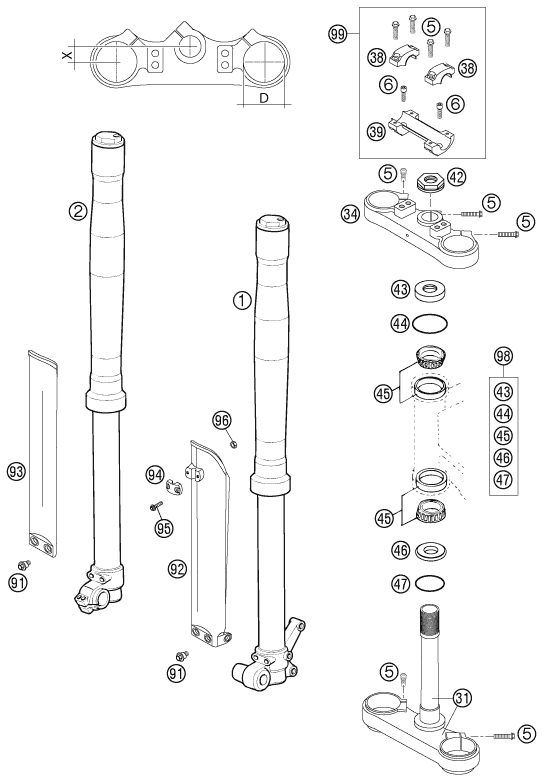 vue éclatée fourche téléscopique, té de fourche - ktm 65 sx eu 2002