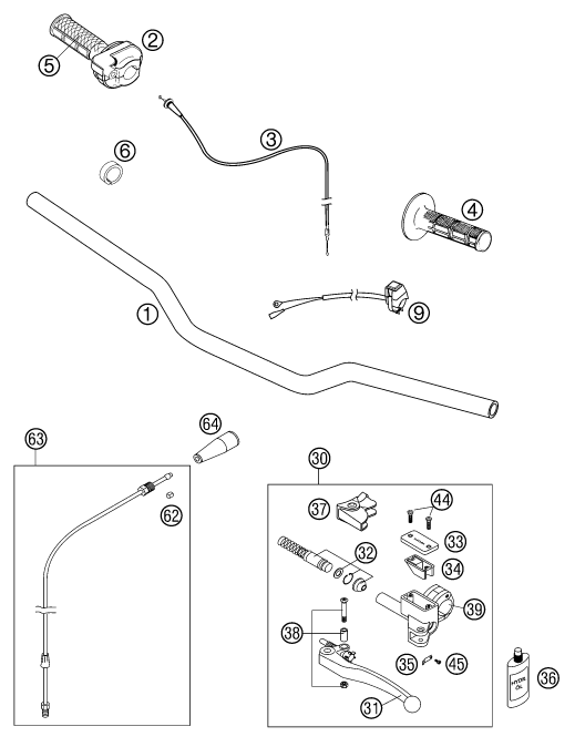 vue éclatée guidon, armatures - ktm 65 sx eu 2002