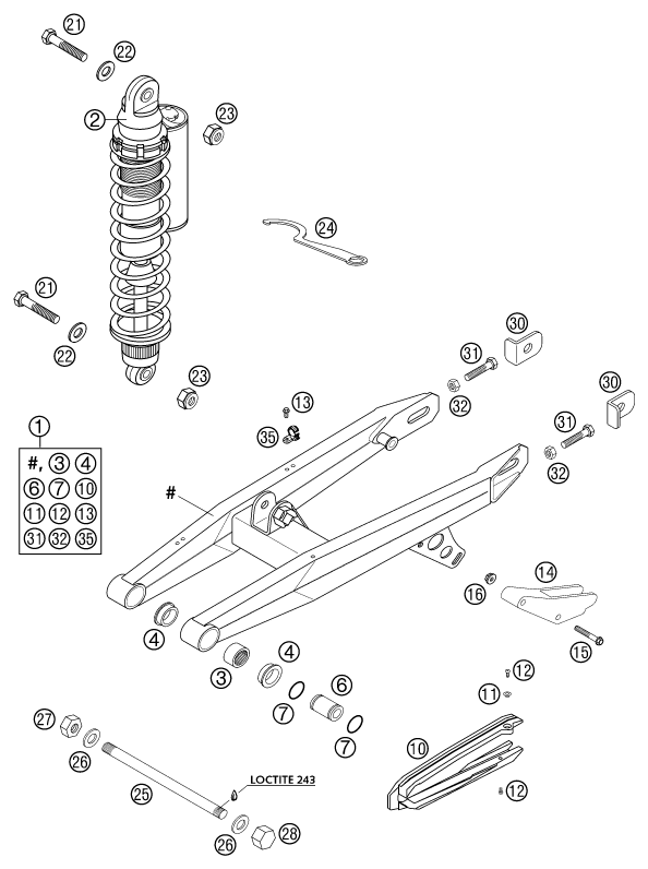 vue éclatée bras oscillant - ktm 65 sx eu 2002