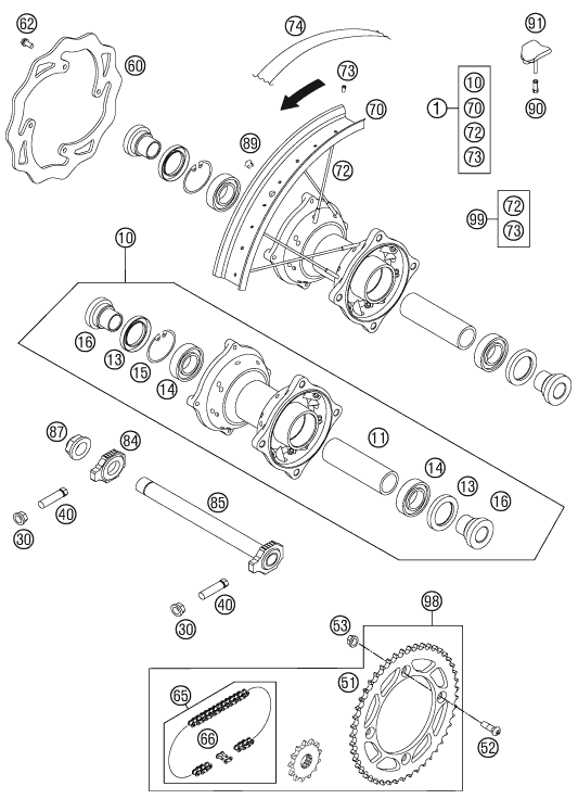 vue éclatée roue arrière - ktm 85 sx 17/14 eu 2011