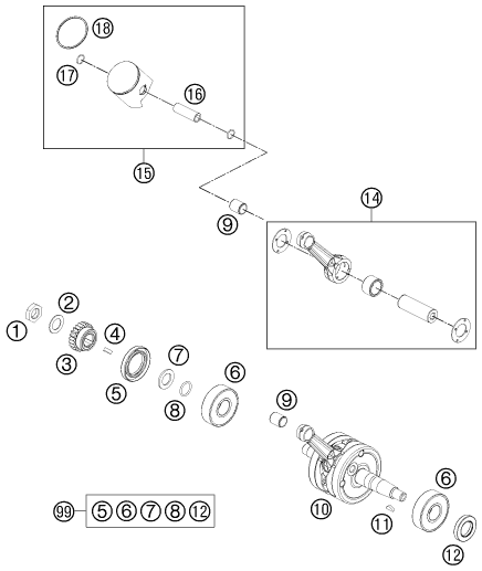 vue éclatée vilebrequin, piston - ktm 65 sx eu 2012