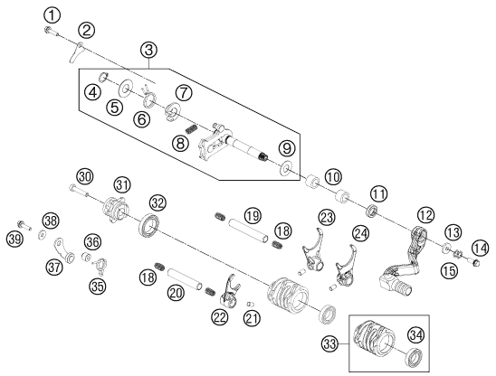 vue éclatée mécanisme de sélection - ktm 65 sx eu 2012
