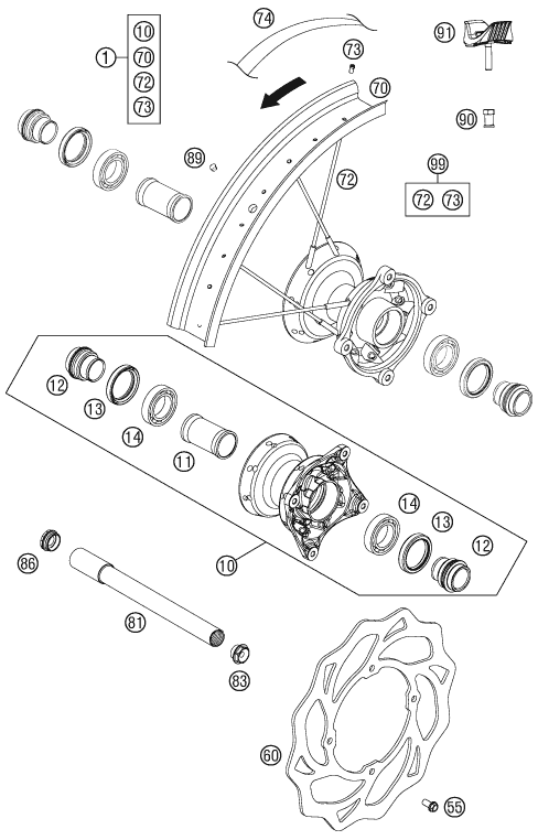 vue éclatée roue avant - ktm 85 sx 17/14 eu 2012