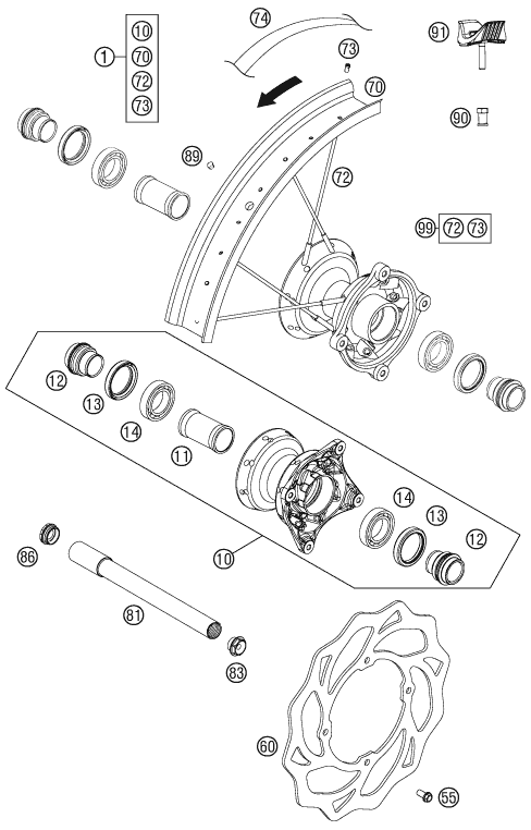vue éclatée roue avant - ktm 85 sx 19/16 eu 2012