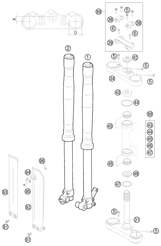 vue éclatée fourche téléscopique, té de fourche - ktm 65 sx eu 2008