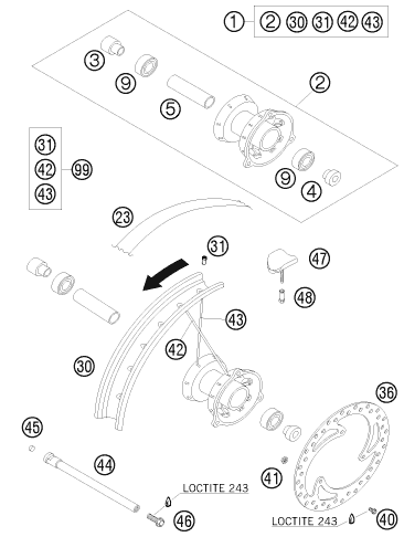 vue éclatée roue avant - ktm 65 sx eu 2008
