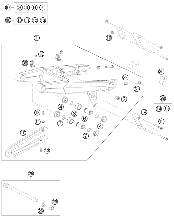 vue éclatée bras oscillant - ktm 65 xc eu 2009