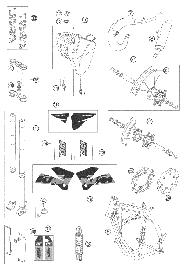 vue éclatée pièces neuves - ktm 125 sxs eu 2005