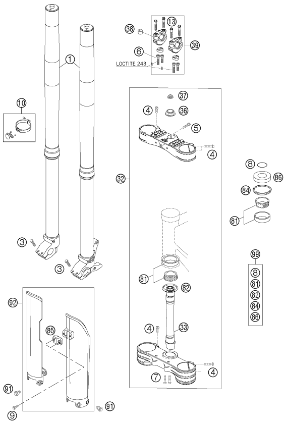 vue éclatée fourche téléscopique, té de fourche - ktm 125 sxs eu 2006