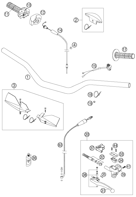 vue éclatée guidon, armatures - ktm 125 sxs eu 2006