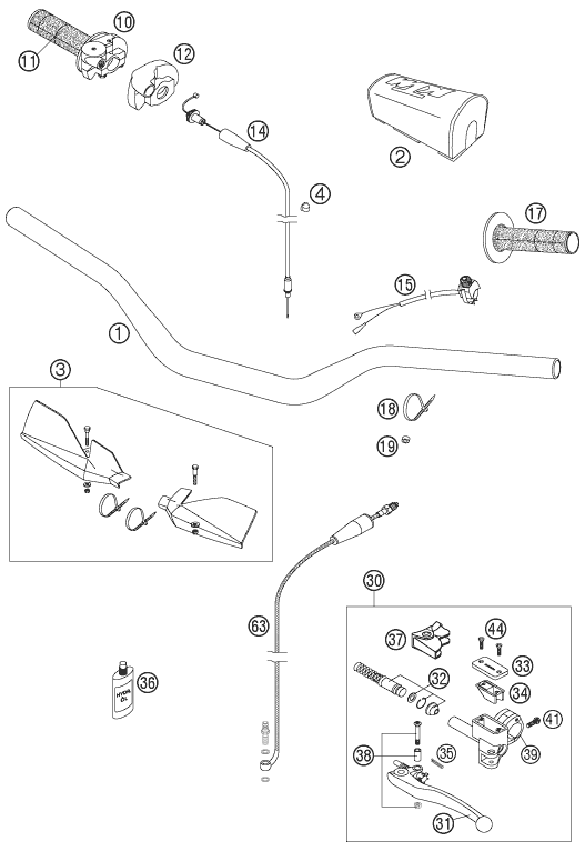 vue éclatée guidon, armatures - ktm 125 sxs eu 2007