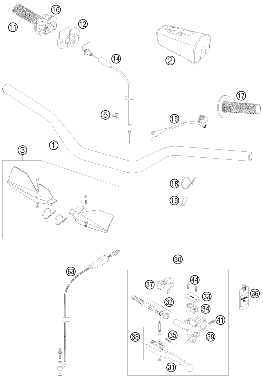 vue éclatée guidon, armatures - ktm 125 sxs eu 2008